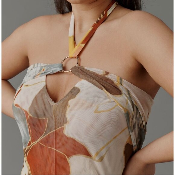 Anthropologie Sarah Hann Blythe Halter Mesh Midi Dress Size M Yellow Pattern - Picture 8 of 10